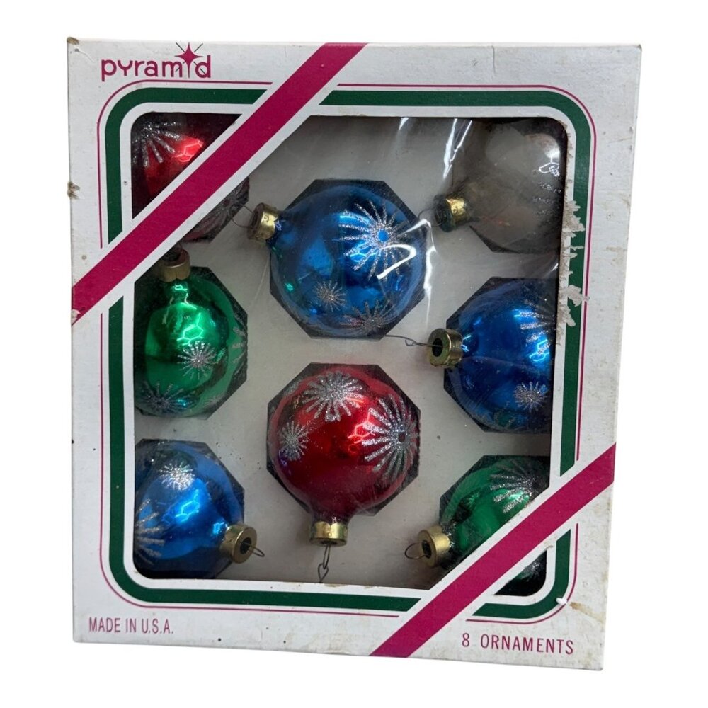 Vintage Pyramid Glass Christmas Ornaments Set Of 8 glitter Snowflake Green Red